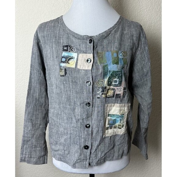 Odille Linen Top XS Gray Abstract Geometric Bohemian Button Down Oversized - Picture 1 of 11